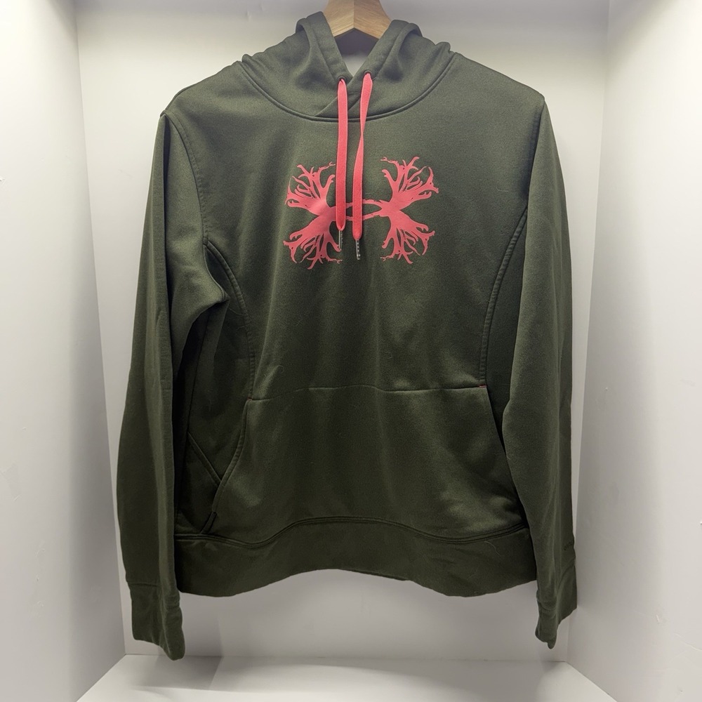 Under Armour Hoodie Womens Large Green Pink Antler Hunting Pullover Sweatshirt